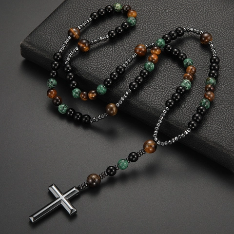 Natural Stone Beaded Necklace Vintage Metal Cross Pendant Tiger Eye African Turquoise Malachite Jewelry For Men Women