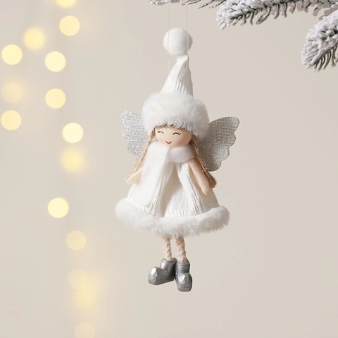 Christmas Angel Doll Hanging Ornaments Plush Knit Wood Fairy Girl Pendant For Xmas Tree Decor Glitter Wings Soft
