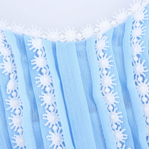 Maxi-jurk Voor Dames Chiffon Spaghettibandjes Witte Kant Patchwork Ruches Geplooid Hoge Taille Zoet Elegant Lichtblauw