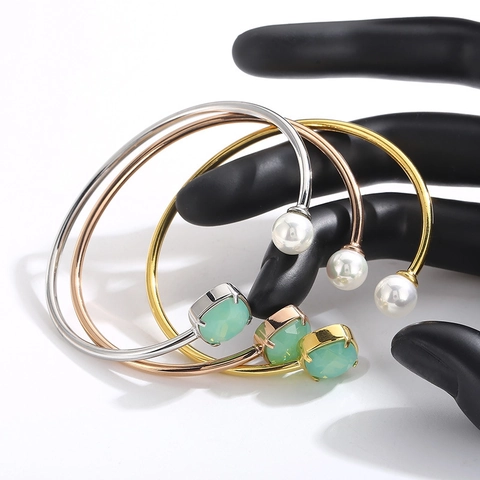 Brazalete Abierto Circona Cuadrada Perla Artificial Mujer Acero Inoxidable Forma C Joyería Geométrica Accesorio Moda