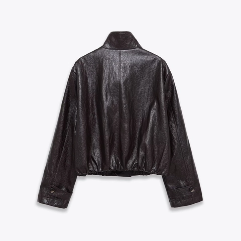 Women Vintage PU Leather Jacket Double Breasted Stand Collar Long Sleeve Short Moto Coat Textured Distressed Outerwear