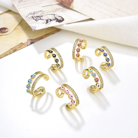 Evil Eye Open Ring For Women Copper Zirconia Gold Plated Double Layer Adjustable Turkish Eye Fashion Finger Jewelry Gift