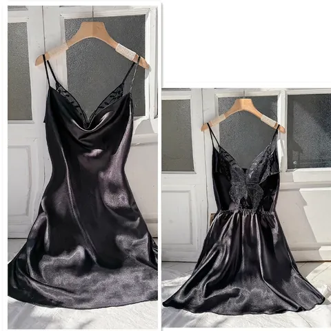 Damen Sexy Satin Nachthemd Imitation Satin Schlafanzug Ärmellos Trägerkleid Spitze Wasserfallausschnitt Minimalistisch Home Wear