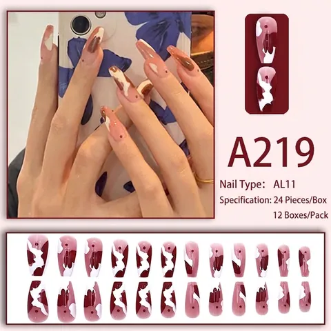 Uñas Postizas Press On Largas Ataúd Jaspeado Ámbar Patrón Geométrico Francés Retro Elegante Reutilizables Para Mujeres