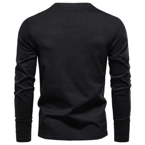 Camiseta Henley De Manga Larga Para Hombre Puro Algodón Ajustada Cuello En V Botón Top Casual Color Sólido Con Bolsillo