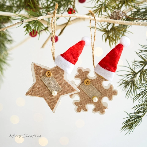 Weihnachtsanhänger Holz Leinen Stern Rentier Schneeflocke Baum Mini Weihnachtsmütze Knoop Rustikale Dekorationen