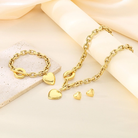 Pendente Cuore Collana Bracciale Orecchini Gioielli Acciaio Inossidabile Chiusura T Bar Catena Maglia Grossa Con 925 Argento Sterling Perno Orecchino Donne