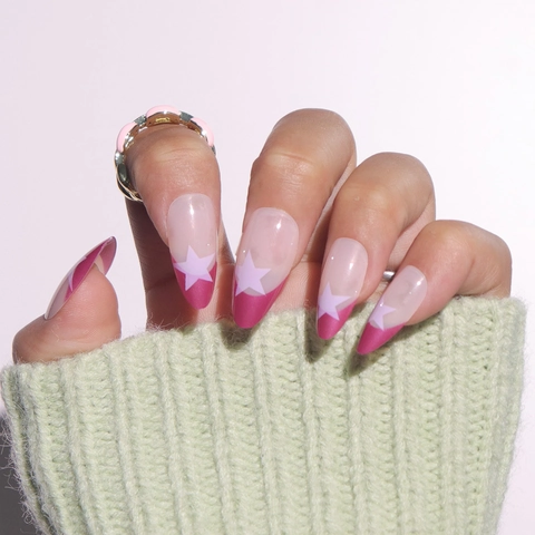 Press On Nails French Tip Stern Muster Lange Mandelform Glänzende Künstliche Falsche Fingernägel Für Frauen