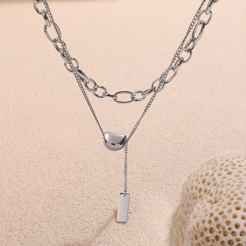 Doppellagige Halskette Edelstahl Geometrischer Bohnenanhänger Rechteckiger Anhänger Grobe Feine Kette Damen Schmuck