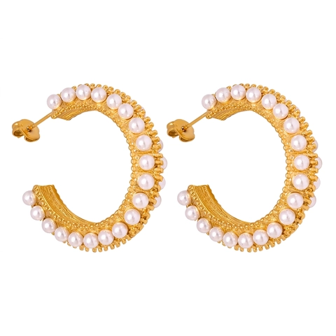 Pendientes De Aro Irregulares De Acero Inoxidable Con Perlas Artificiales De Imitación Chapado En Oro Forma De C Estilo Retro Elegante Para Mujer