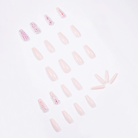 Lange Sargform Künstliche Nägel Nude Pink Farbverlauf Strass Luxus Full Cover Glänzend Künstliche Fingernägel