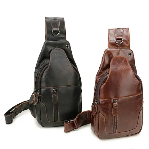 Men Genuine Leather Sling Bag Retro Cowhide Large Capacity Chest Crossbody Casual Vintage Travel Multi-Pocket
