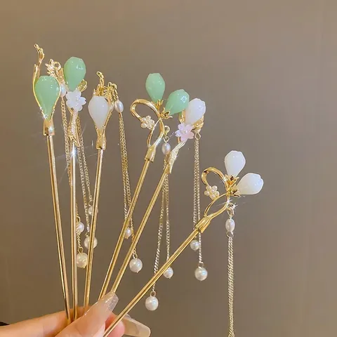 Horquilla Para El Pelo Estilo Chino Vintage Aleación Perla Artificial Falsa Borla Larga Capullo Floral Elegante Para Hanfu