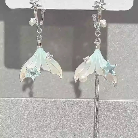 Asymmetric Mermaid Tail Long Tassel Earrings With 925 Sterling Silver Earring Post Artificial Pearl Star Rhinestone For Women