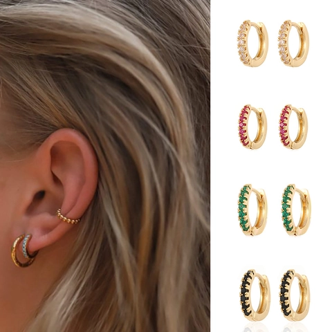 Kleurrijke Zirkonia Hoop Oorbellen Koper Verguld Retro Minimalistisch Huggie Voor Dames High End Mode Sieraden