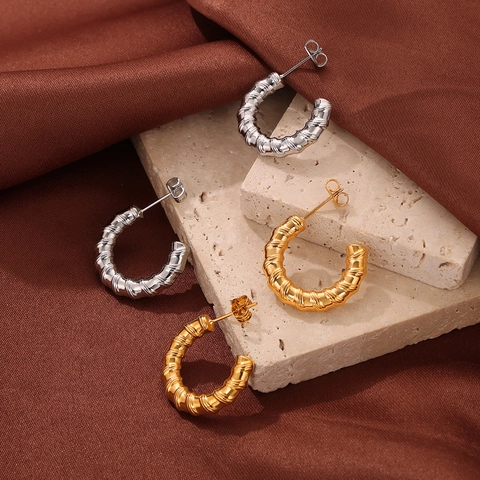 Orecchini a Cerchio Croissant in Acciaio Inossidabile Texture a Spirale Vintage Francese Geometrici a C Oro Argento per Donna