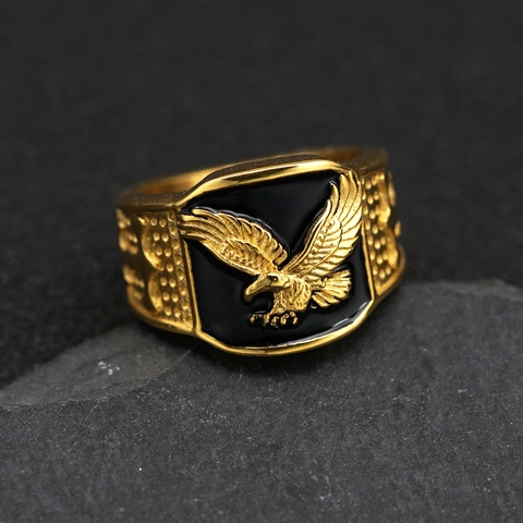 Men's 316 Stainless Steel Eagle Signet Ring Hip Hop Gold Plated Black Enamel Retro Punk Animal Domineering Finger Ring Jewelry