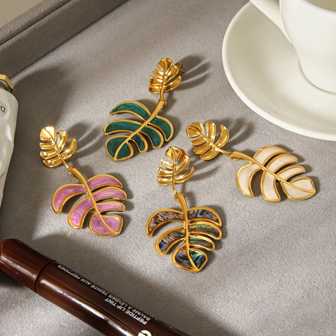 Monstera Leaf Dangle Earrings Stainless Steel Gold Plated Enamel Abalone Shell Tropical Bohemian Jewelry For Women