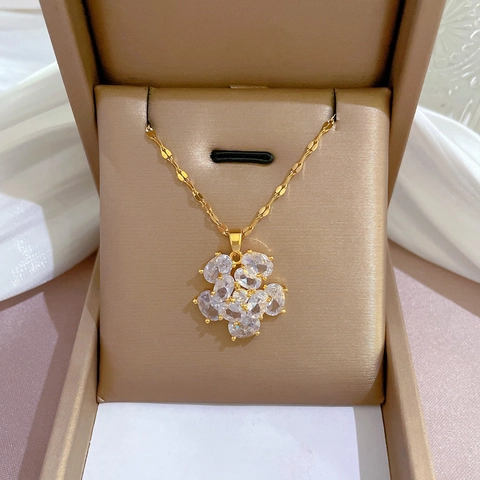 Gold Plated Titanium Steel Necklace Large Flower Pendant With Copper Cubic Zirconia Elegant Floral Jewelry Women