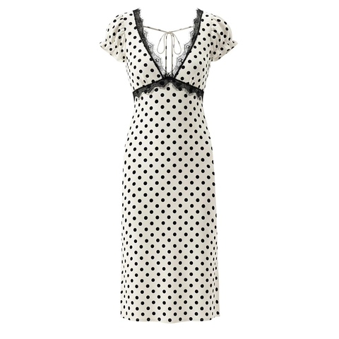 Vestido Midi De Lunares Para Mujer Con Encaje Cuello En V Mangas Abullonadas Estilo Francés Vintage Espalda Descubierta