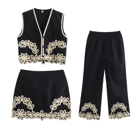 Bestickte Ärmellose Weste Und Kurzer Rock Und Lange Hose Mit Durchbrochener Spitze Schwarz Weiß Lässige Damen Mode Bekleidung