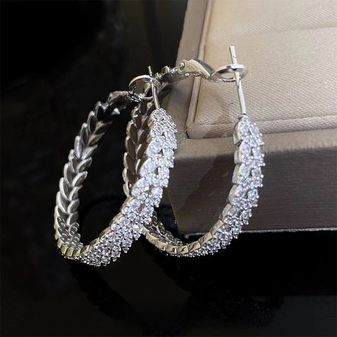 Blad Textuur Zirkoon Pave Creolen In Koper Met 925 Sterling Zilveren Oorsteker Elegante Sieraden Voor Dames