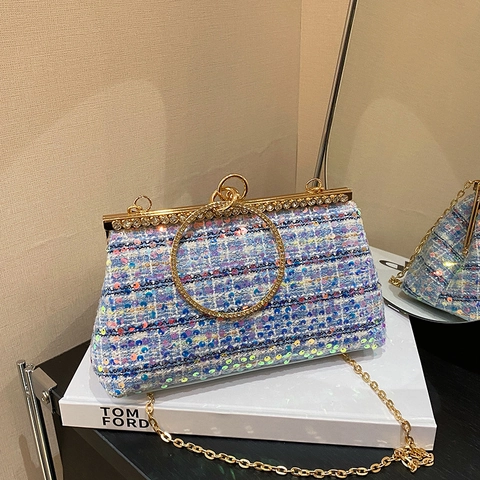 Elegante Borsa Da Sera In Tweed Con Paillettes Manico Rotondo In Strass Pochette Da Festa Con Catena Da Donna