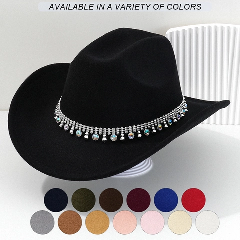 Western Cowboy Hat Polyester Felt Fedora With Colorful Rhinestone Tassel Chain Fashion Party Wide Brim Sun For Women Men