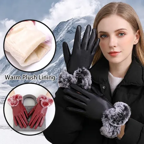 Guanti da Donna Invernali in Pelle PU Caldi Foderati in Pile Trapuntati Con Bordo in Pelliccia Sintetica Touchscreen