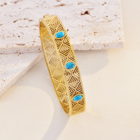 Boho Edelstahl Hohl Türkis Armreif Für Damen Vintage Geometrisch Eingelegt Gold Manschette Armreif Schmuck