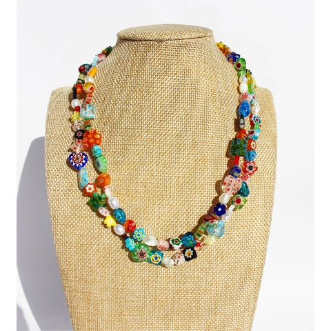 Collana Di Perline Fatta A Mano Con Perla D'acqua Dolce E Fiori Di Vetro Colorati Girocollo In Ottone Placcato Oro Donna