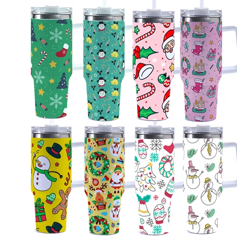 Stainless Steel Insulated Tumbler Vacuum Cup With Handle And Straw Christmas Pattern Large Capacity Portable Travel Car Mug