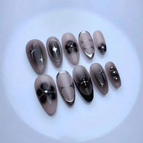 Uñas Postizas Góticas Ombré Negro Rosa Forma Almendra Patrón Estrella Metálico Perla Artificial Falsa Manicura Plástico ABS Brillante
