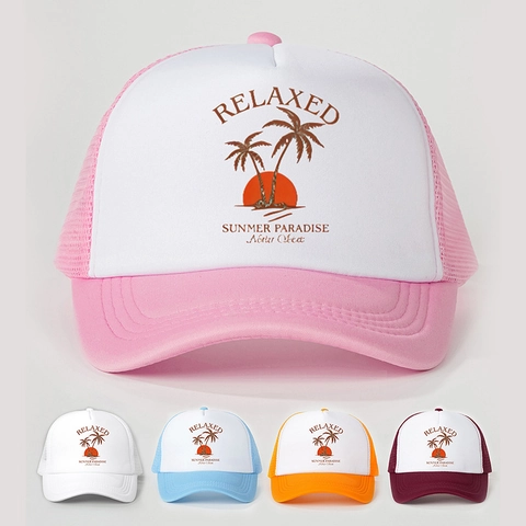 Cappello Trucker Rete Traspirante Poliestere Protezione Solare Regolabile Estate Spiaggia Palma Tramonto Retro