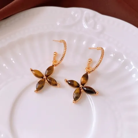 Vintage Tiger Eye Stone Flower Drop Earrings 18K Gold Plated Copper With 925 Sterling Silver Earring Post Women