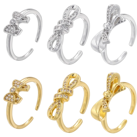 Bowknot Open Ring Copper Zircon Inlaid Adjustable Finger Jewelry French Light Luxury Minimalist Style For Women
