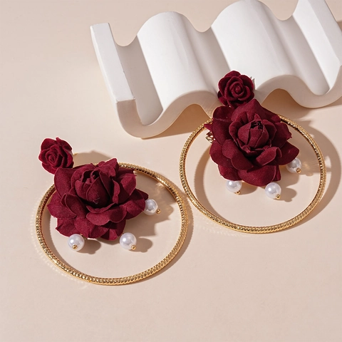 Vintage Red Fabric Rose Flower Hoop Earrings With Imitation Artificial Pearl And Silver Earring Post For Women Elegant Jewelry