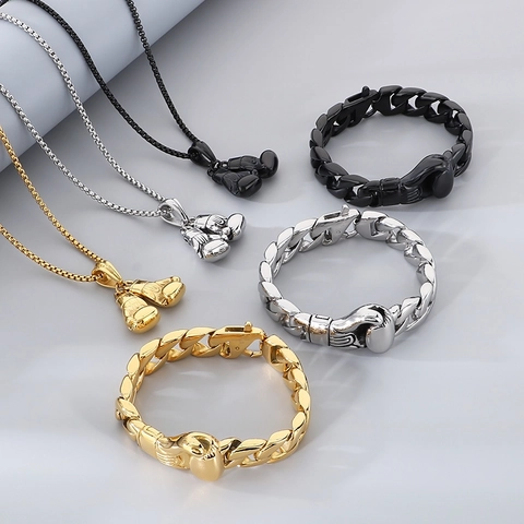 Boxing Gloves Pendant Necklace And Cuban Link Bracelet Stainless Steel Hip Hop Jewelry For Men