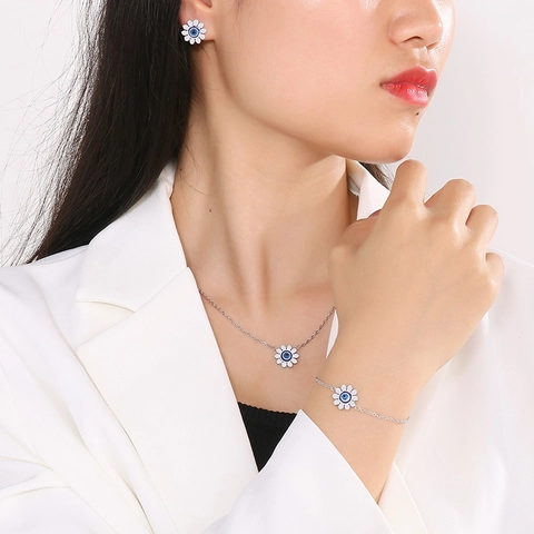 Stainless Steel Sunflower Necklace Bracelet Earrings Jewelry Blue Evil Eye Daisy Summer Beach Fashion For Women