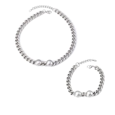 Joyas De Acero Inoxidable Collar Y Pulsera De Cadena De Eslabones Con Colgantes De Bolas Pulidas Chic Minimalista Para Mujeres