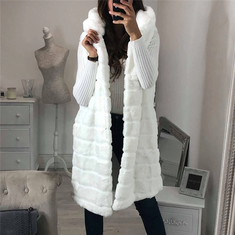 Damen Lange Kunstpelz Weste Mit Kapuze Ärmellos Plüsch Herbst Winter Warm Lässige Urban Mode Oberbekleidung