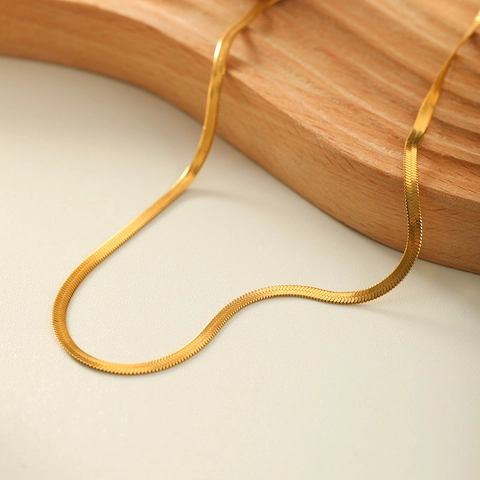 Minimalist Flat Snake Bone Chain Necklace 18K Gold Plated Stainless Steel Waterproof Herringbone Link Jewelry For Women