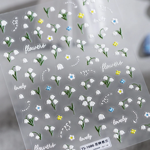 Autocollants D'Art D'Ongles 5D Gaufrés Muguet Marguerite Papillon Autocollants De Manucure Florale Élégante