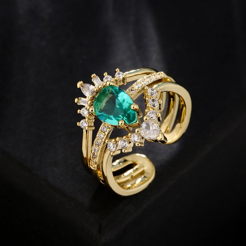 Anillo Abierto Ajustable Cobre Chapado En Oro 18K Circón Verde Esmeralda Geométrico Micro Pavé Joyería De Moda Mujer