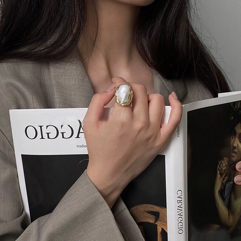Anello Aperto Con Perla Artificial Barocca Geometrico Irregolare In Lega Regolabile Gioielli Da Dito Stile Vintage Francese Donna