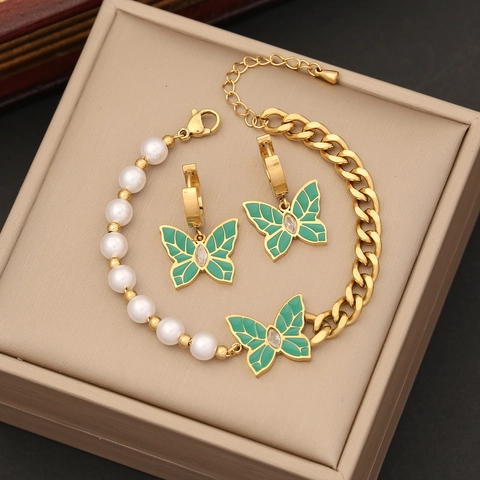 Collana Bracciale E Orecchini Farfalla Acciaio Inossidabile Smalto Verde Perla Artificial Elegante Moda Per Donne