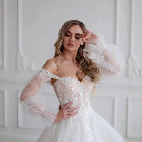 Wedding Dress Off The Shoulder Lace Sequin Bridal Gown Long Trailing Tail Puffy Sleeve Elegant White For Women