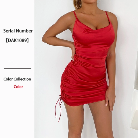 Mini Abito Sexy In Raso Rosso Con Spalline Sottili Per Donna Schiena Scoperta Scollo Ad Amaca Increspato A Coulisse Party
