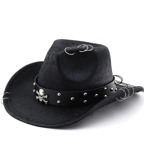 Chapeau De Cow-boy Western En Cuir PU Crâne Rivet Punk Gothique À Bord Large Pour Hommes Femmes Accessoires Steampunk
