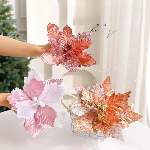 Artificial Christmas Poinsettia Flowers Glitter Velvet Fabric Hollow Out Shiny Xmas Tree Ornaments Home Party Decoration Elegant